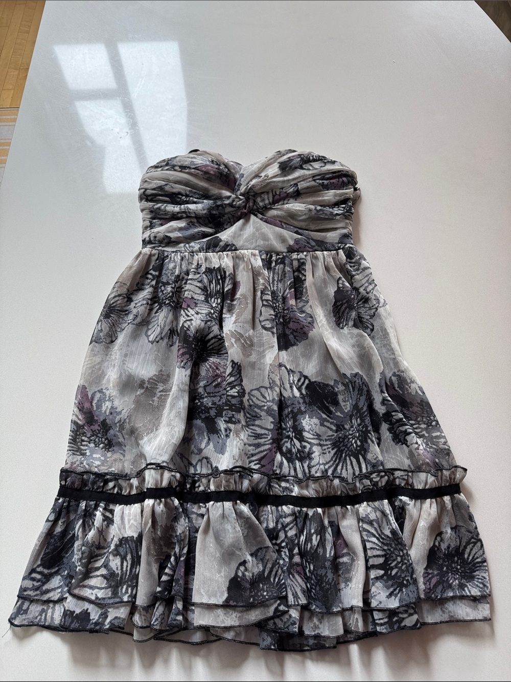 C. Luce Strapless Floral Empire Waist Mini Dress, Ruffle Hem, Size M